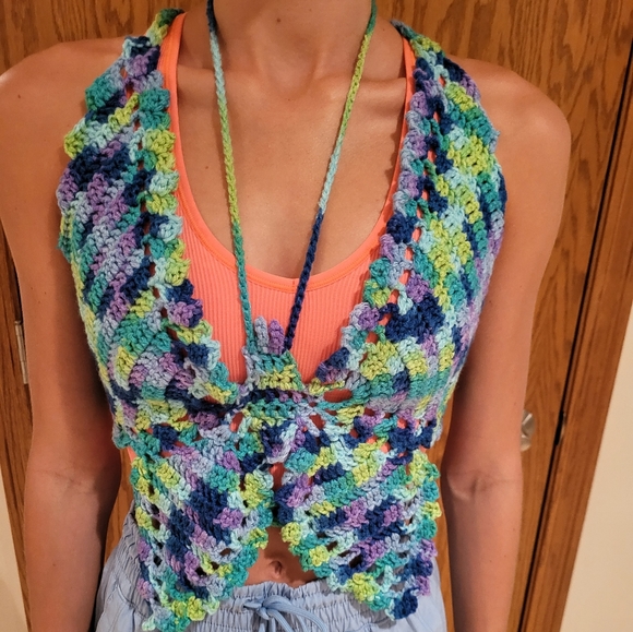 Butterfly top, hand crafted crochet, blue, green, purple NWOT - Picture 11 of 16